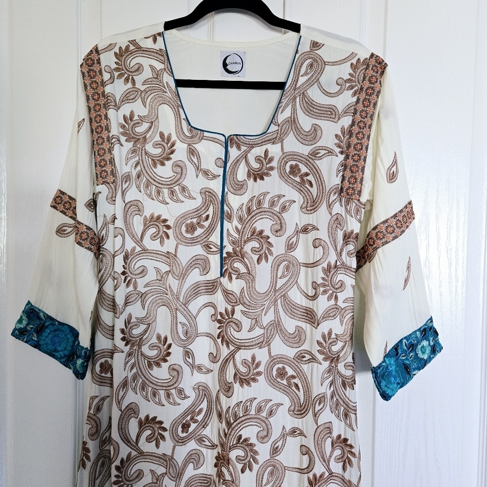 Embroidered Ivory Brown Top Shirt Long Kurti Viscose Size Medium - Picture 3 of 8
